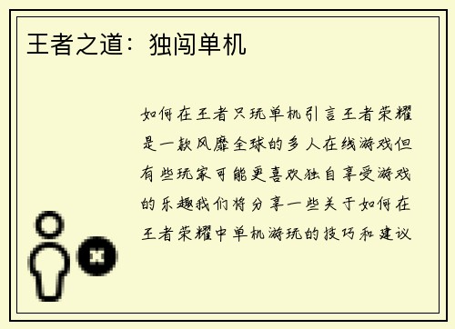 王者之道：独闯单机